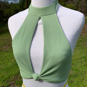 Aerie pastel sage green cutout knot front halter bikini swim top Medium Ribbed